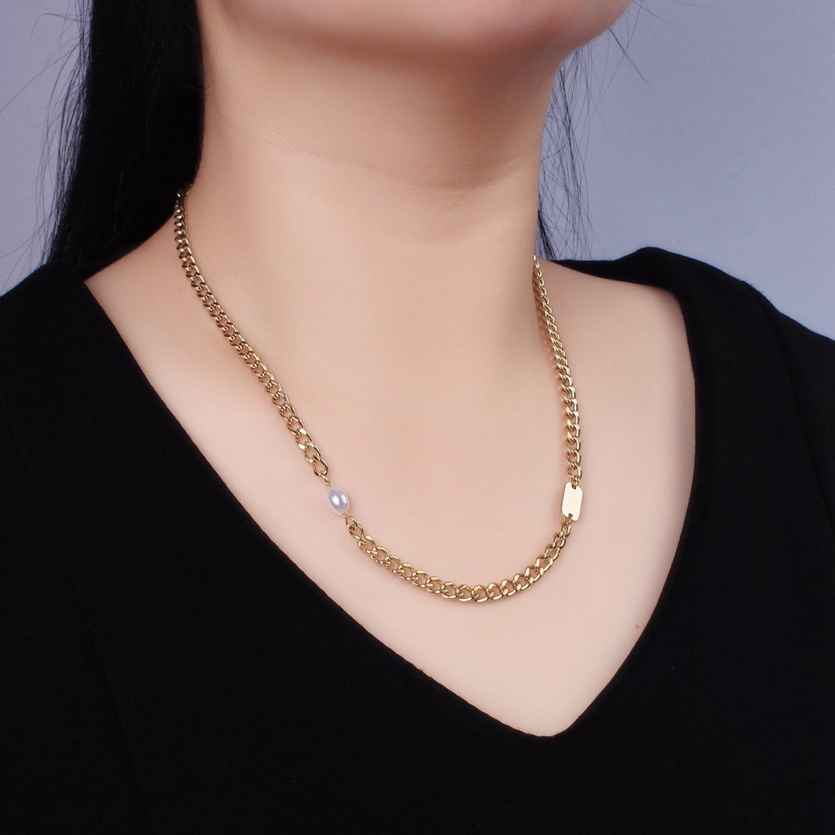 Stainless Steel Shell Pearl Tag Curb Chain 18 Inch Necklace w. 2 Inch Extender | WA - 2543 - DLUXCA