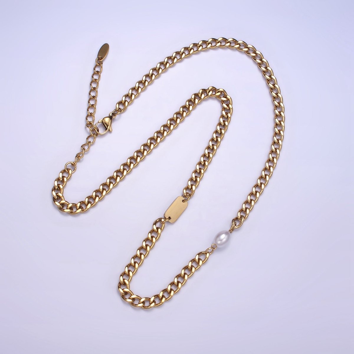 Stainless Steel Shell Pearl Tag Curb Chain 18 Inch Necklace w. 2 Inch Extender | WA - 2543 - DLUXCA