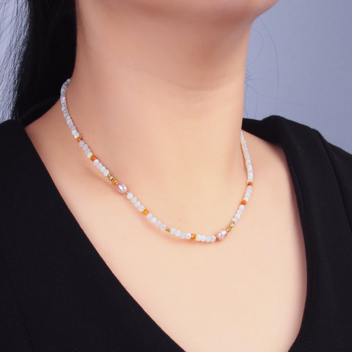 Stainless Steel Shell Pearl White Natural Gemstone 15 Inch Choker Necklace | WA - 3102 - DLUXCA