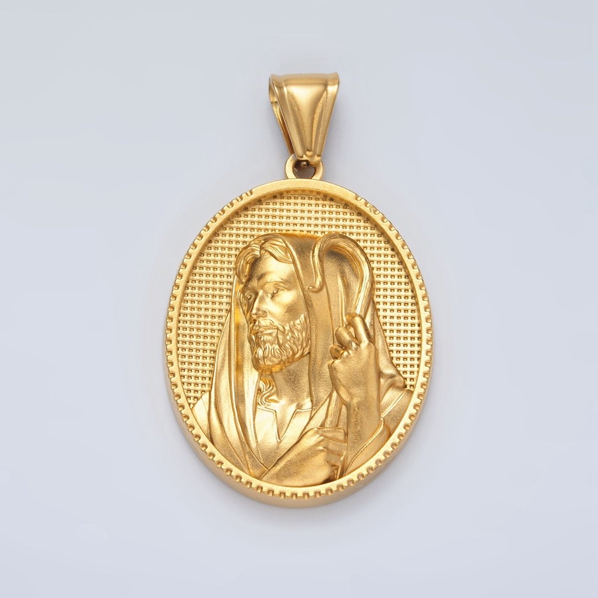 Stainless Steel Shepard Jesus Christ Religious Figure Textured Oval Pendant | P1469 - DLUXCA