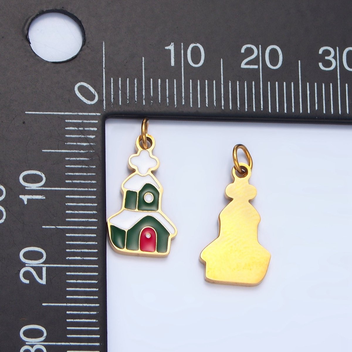 Stainless Steel Snowy Green Enamel House Church Christmas Holiday Charm | P1494 - DLUXCA