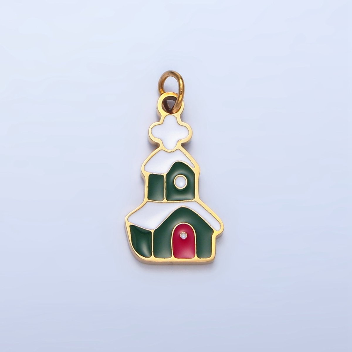 Stainless Steel Snowy Green Enamel House Church Christmas Holiday Charm | P1494 - DLUXCA