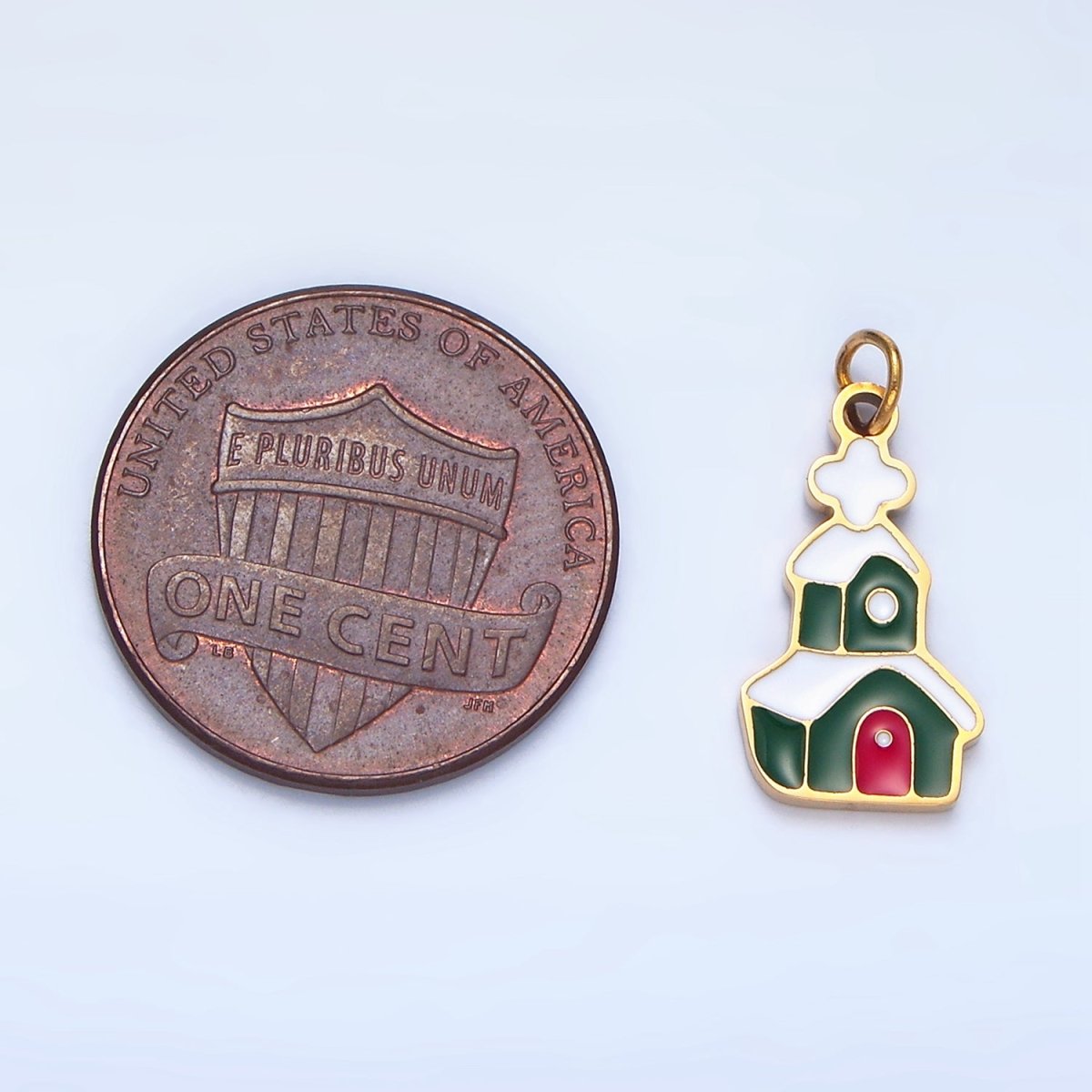 Stainless Steel Snowy Green Enamel House Church Christmas Holiday Charm | P1494 - DLUXCA