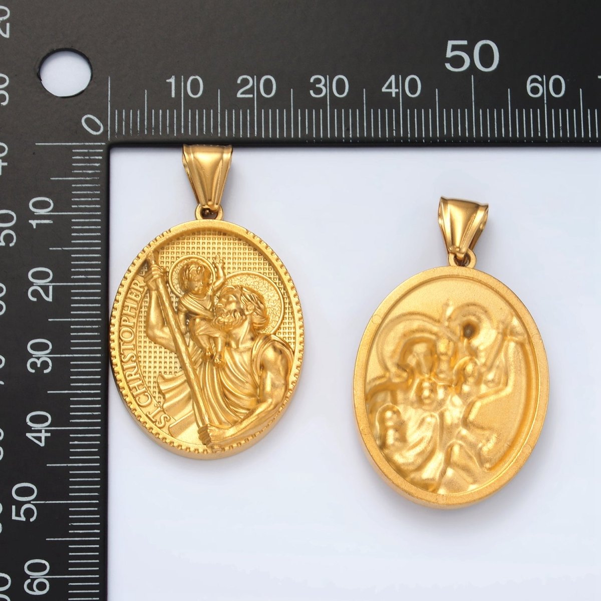 Stainless Steel St. Christopher Script Religious Figure Oval Pendant | P1465 - DLUXCA