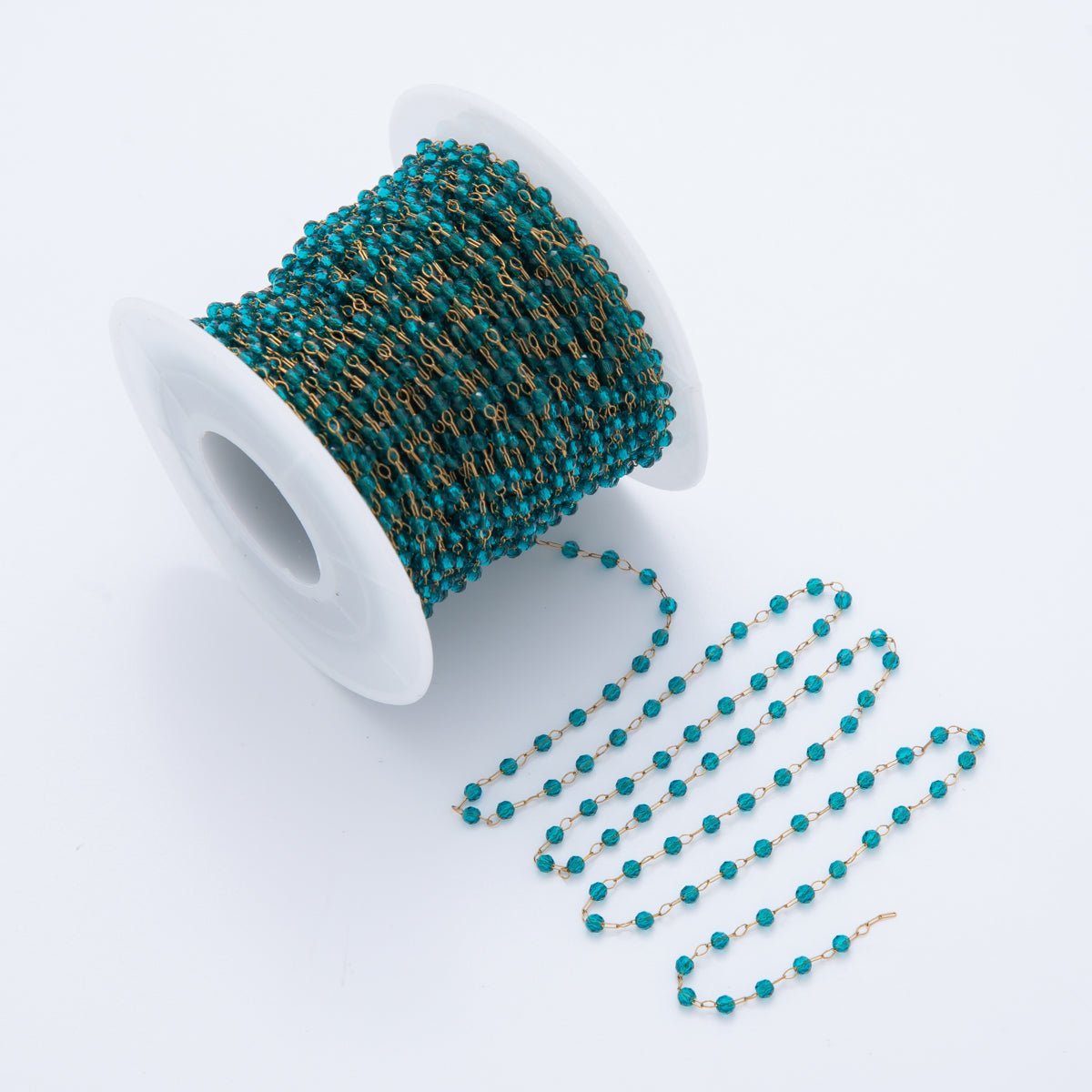 Stainless Steel Teal Blue Multifaceted Round Gemstone Cable Unfinished Chain by Yard | Roll - 1612 - DLUXCA
