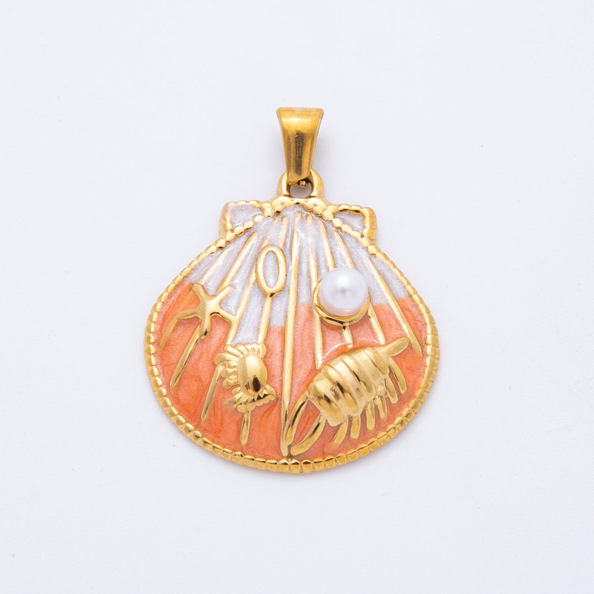 Stainless Steel Teal, Orange, Purple Enamel Shell Pearl Clam Sea Shell Pendant | J497 J500 - DLUXCA
