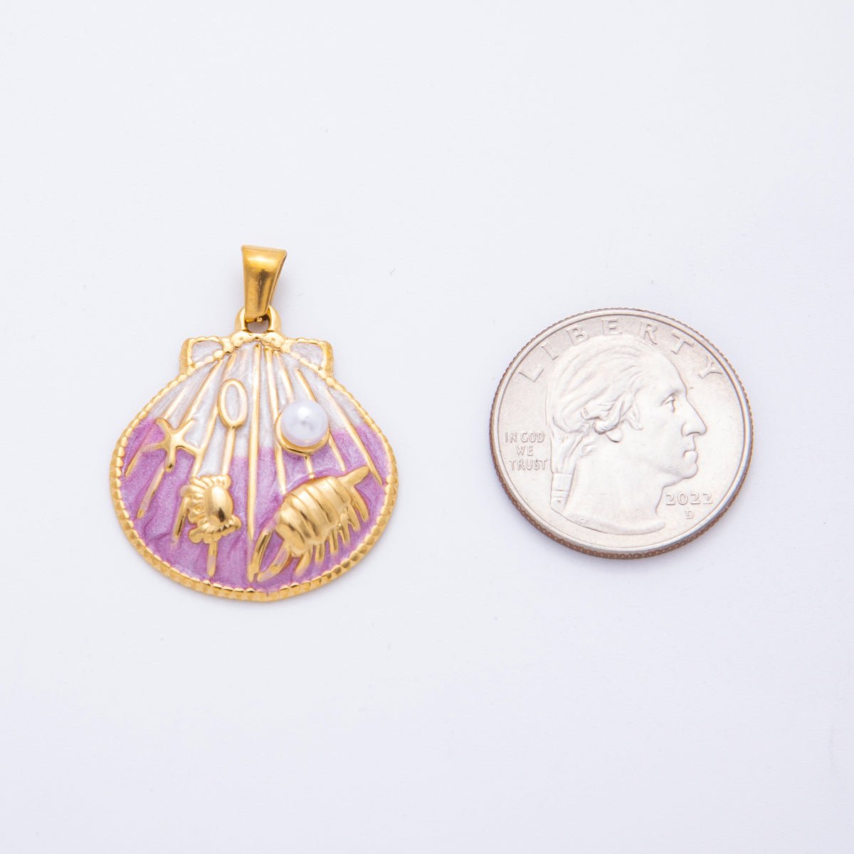 Stainless Steel Teal, Orange, Purple Enamel Shell Pearl Clam Sea Shell Pendant | J497 J500 - DLUXCA