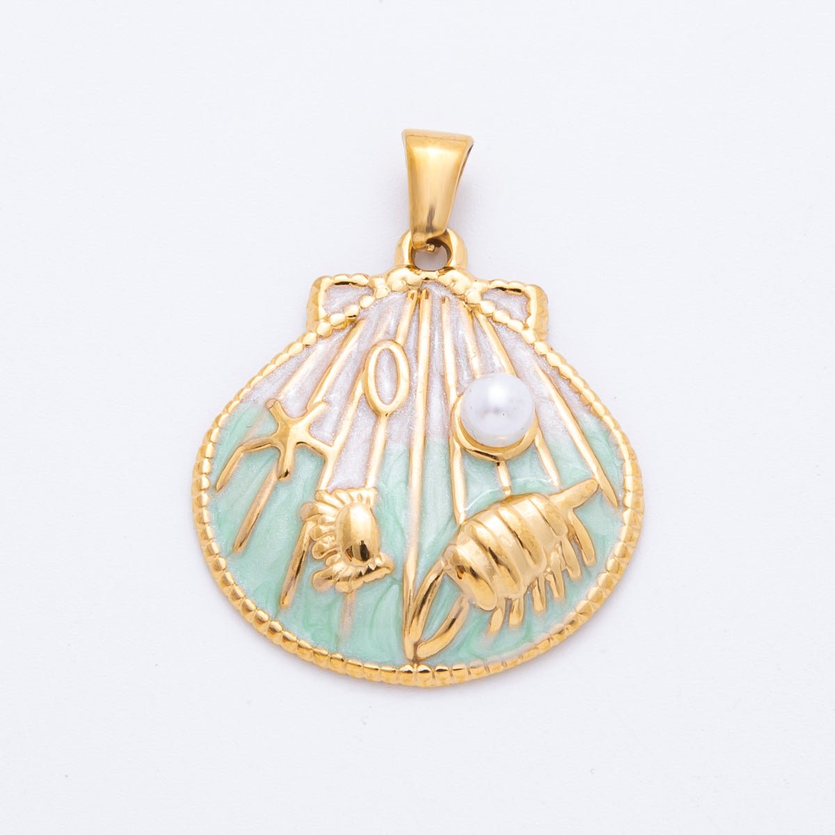 Stainless Steel Teal, Orange, Purple Enamel Shell Pearl Clam Sea Shell Pendant | J497 J500 - DLUXCA
