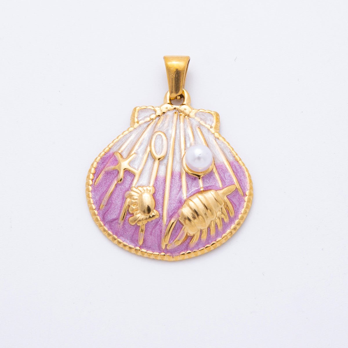 Stainless Steel Teal, Orange, Purple Enamel Shell Pearl Clam Sea Shell Pendant | J497 J500 - DLUXCA