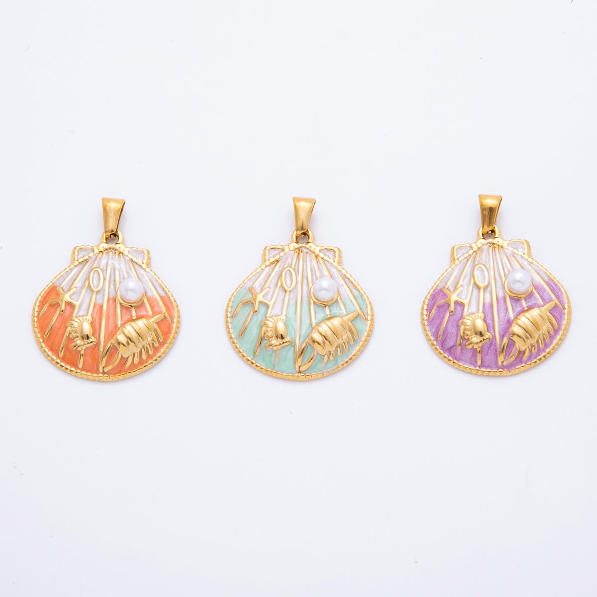 Stainless Steel Teal, Orange, Purple Enamel Shell Pearl Clam Sea Shell Pendant | J497 J500 - DLUXCA