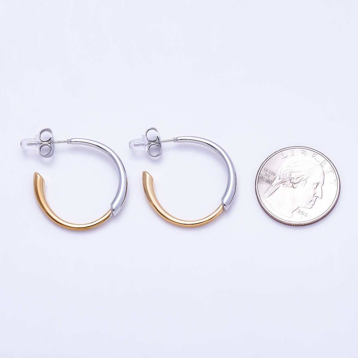 Stainless Steel Two Tone PVD 33.5mm Minimalist C-Shaped Hoop | Earrings-00732 - DLUXCA