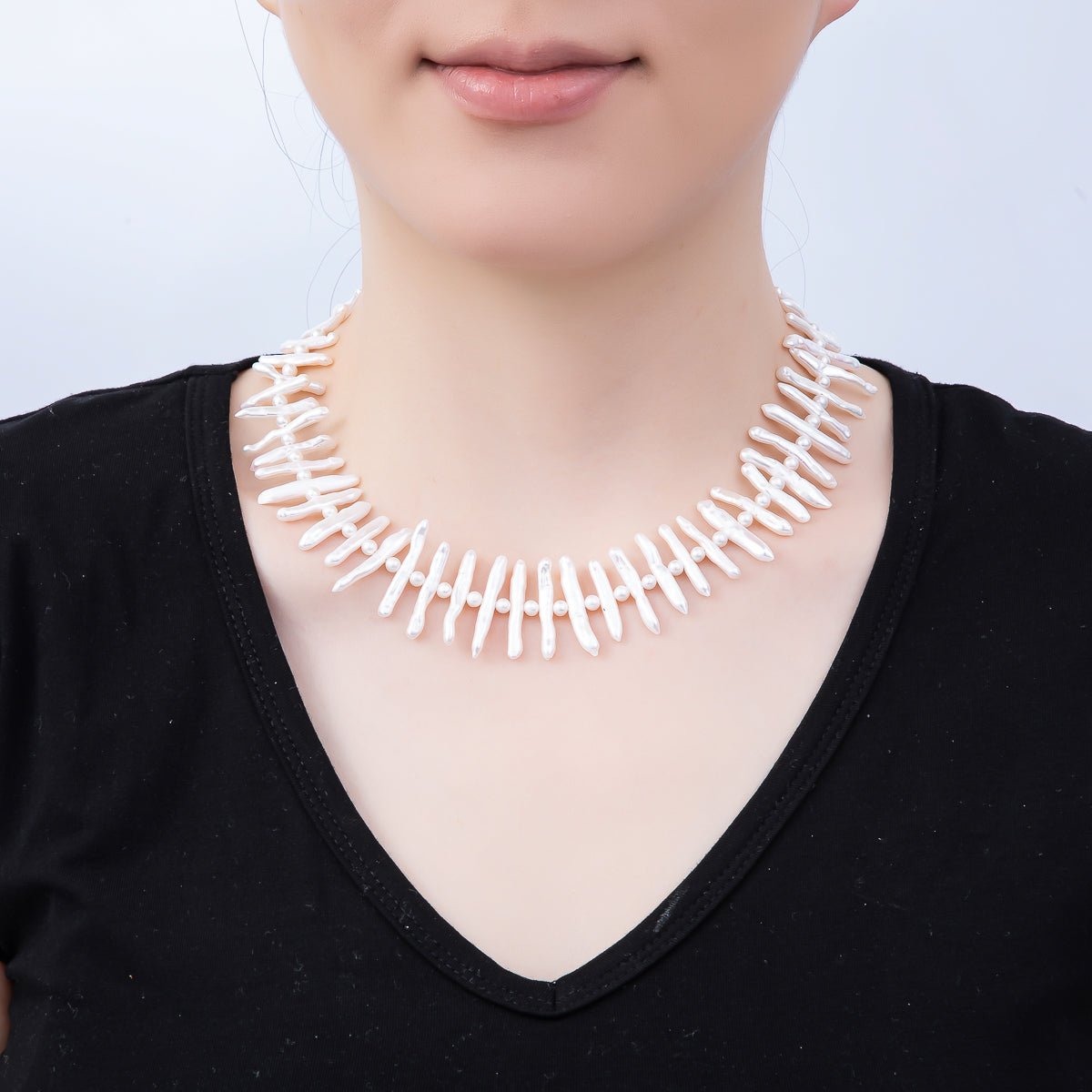 Stainless Steel White, Pink Biwa Freshwater Pearl 16.5 Inch Choker Necklace | WA - 04490 WA - 04491 - DLUXCA