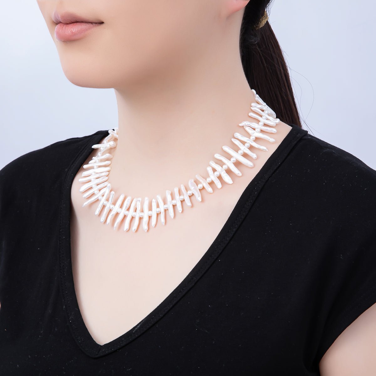 Stainless Steel White, Pink Biwa Freshwater Pearl 16.5 Inch Choker Necklace | WA - 04490 WA - 04491 - DLUXCA