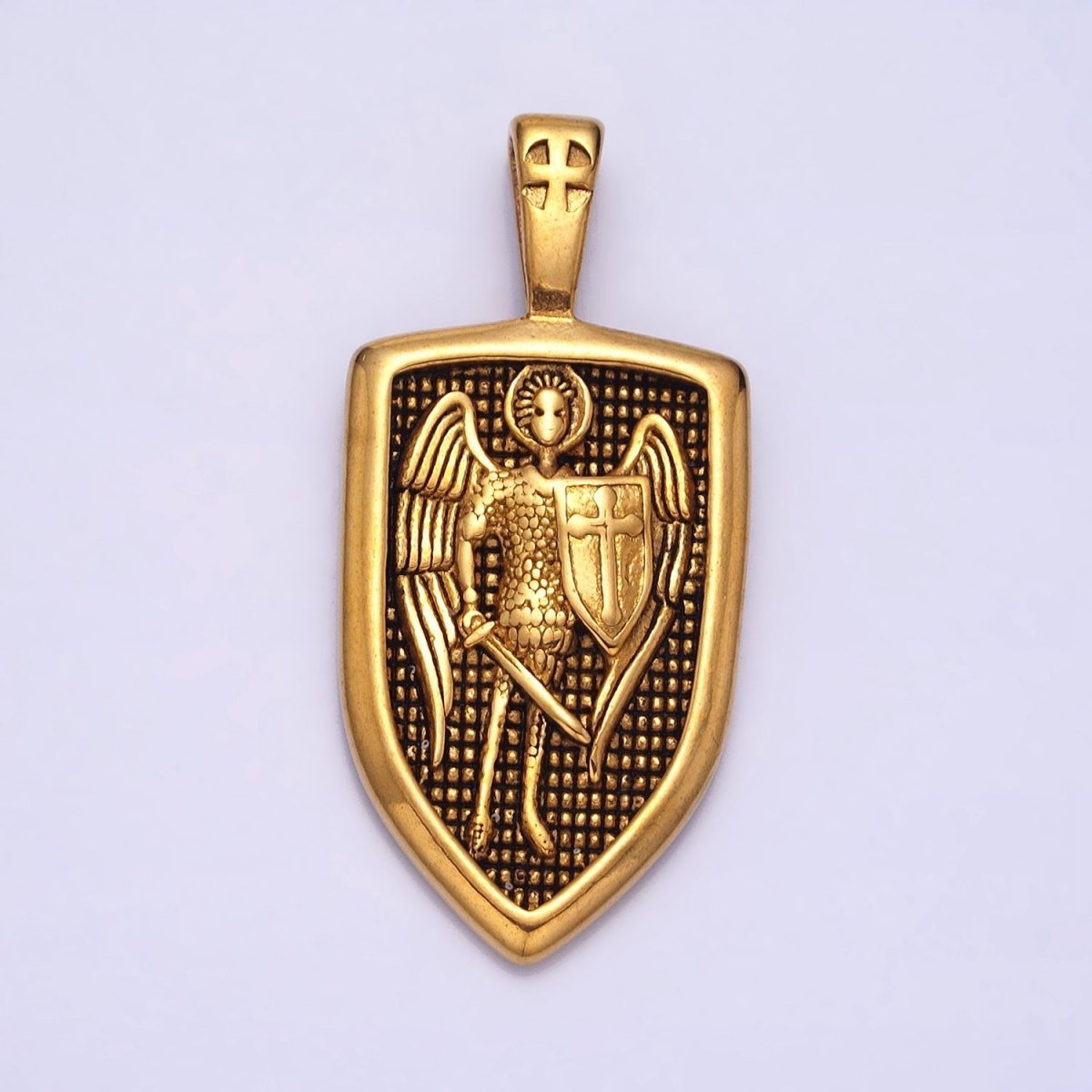 Stainless Steel Winged Angel Soldier Religious Cross Shield Crest Double Sided Pendant in Silver & Gold | P - 1135 - DLUXCA