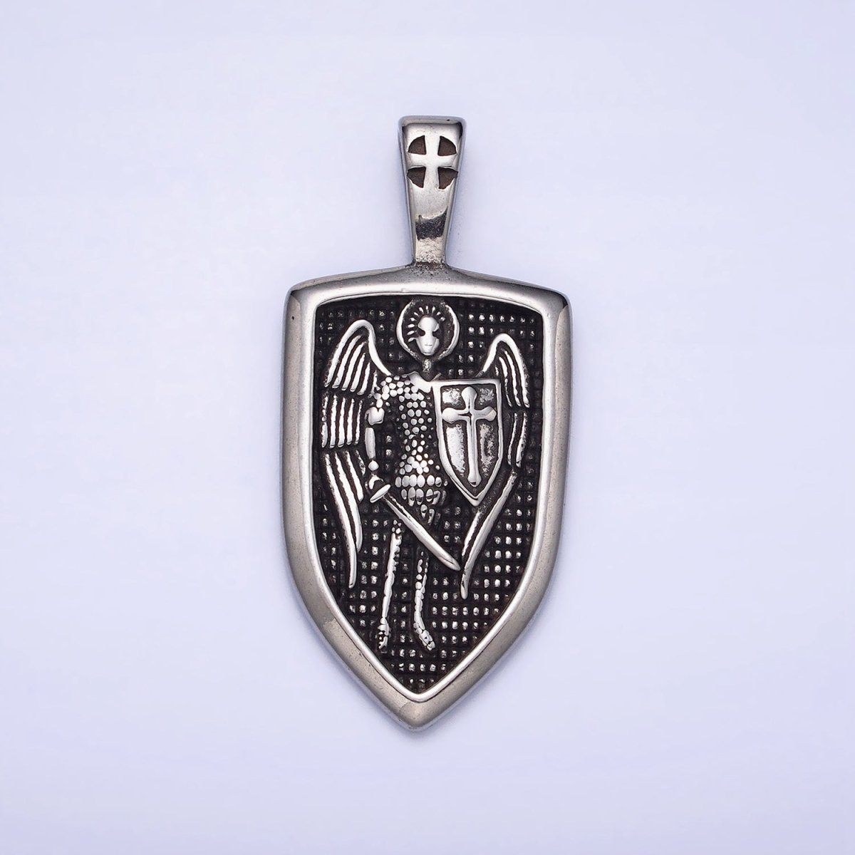 Stainless Steel Winged Angel Soldier Religious Cross Shield Crest Double Sided Pendant in Silver & Gold | P - 1135 - DLUXCA