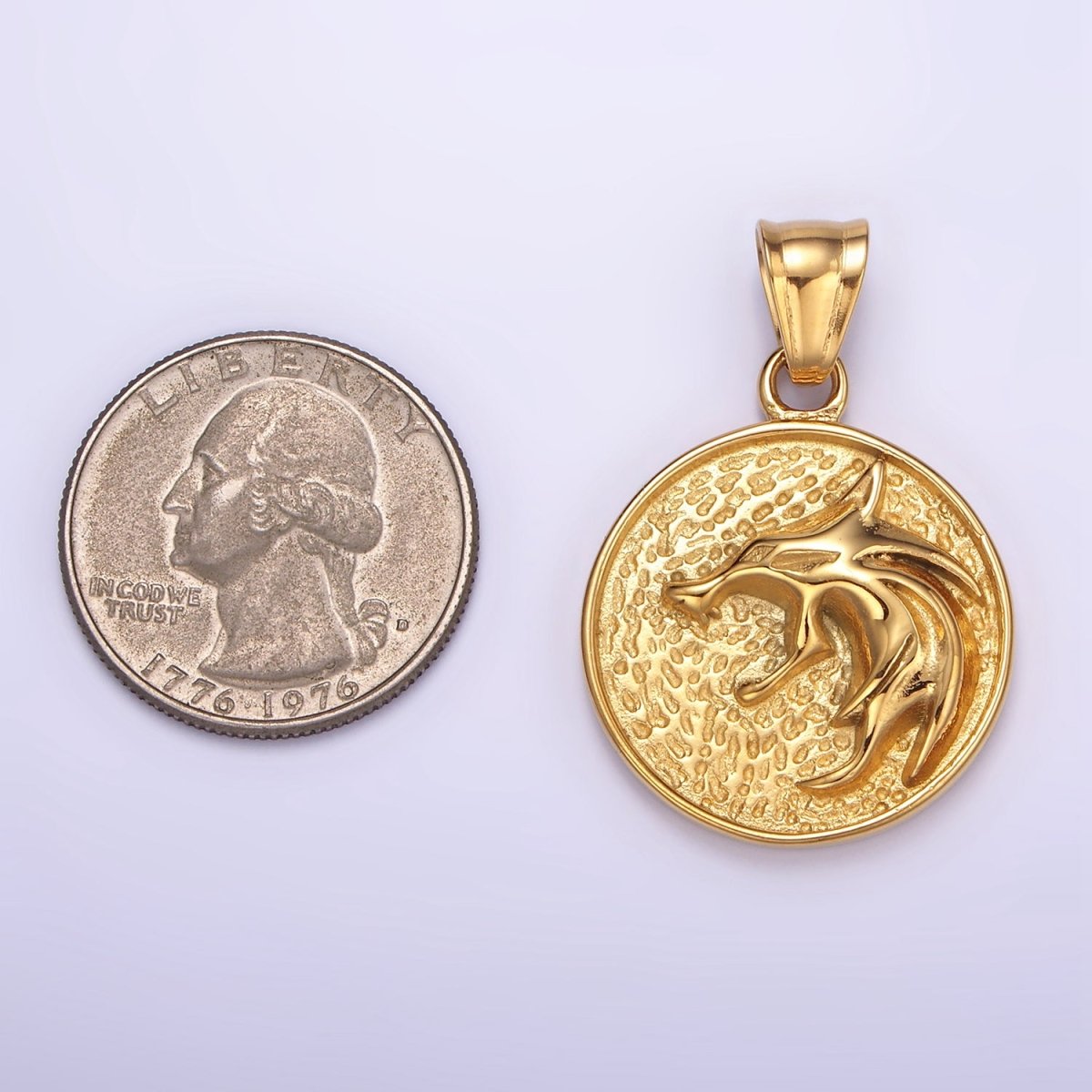 Stainless Steel Wolf Charms Medallion Coin Pendant in Gold | P1434 - DLUXCA