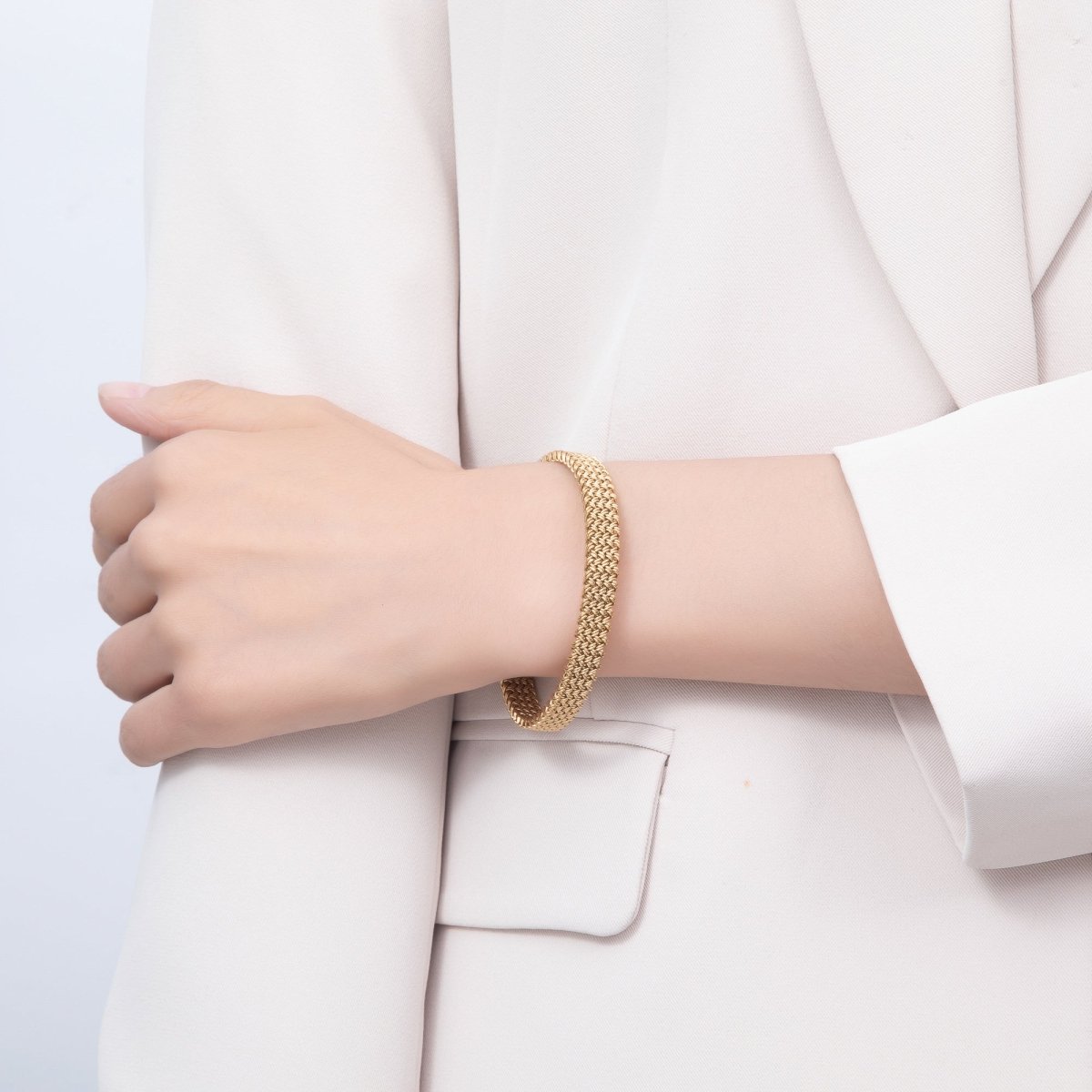 Stainless Steel Woven Mesh Chevron Open Cuff Adjustable Bracelet | WA-00457 - DLUXCA