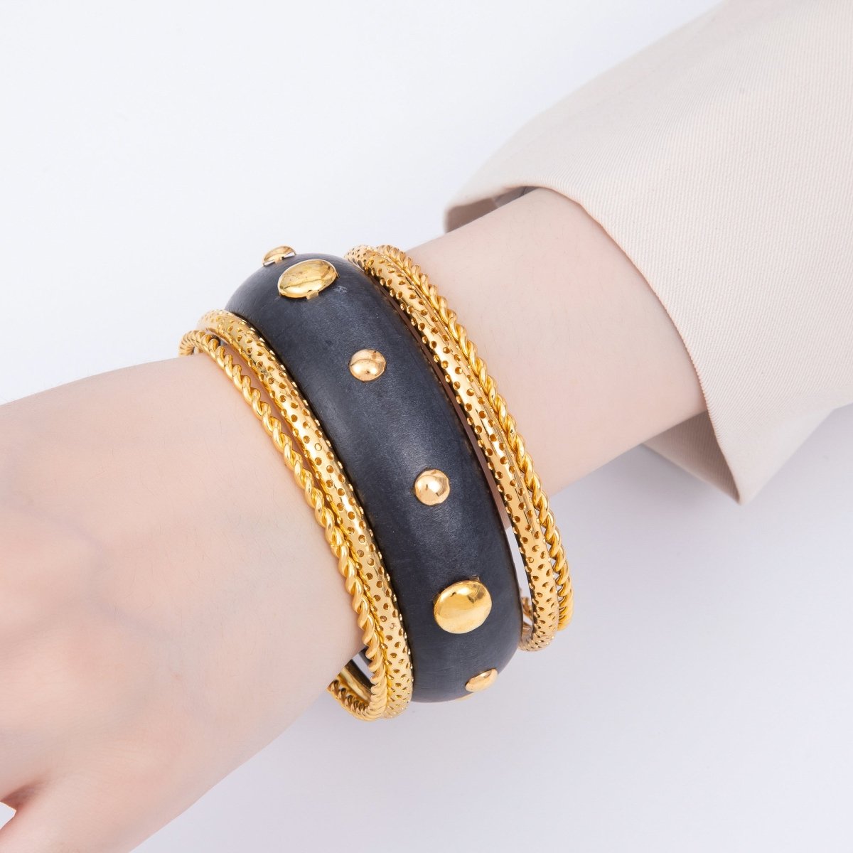 Studded Wood Bangle Statement Bracelet | WA - 04308 - DLUXCA