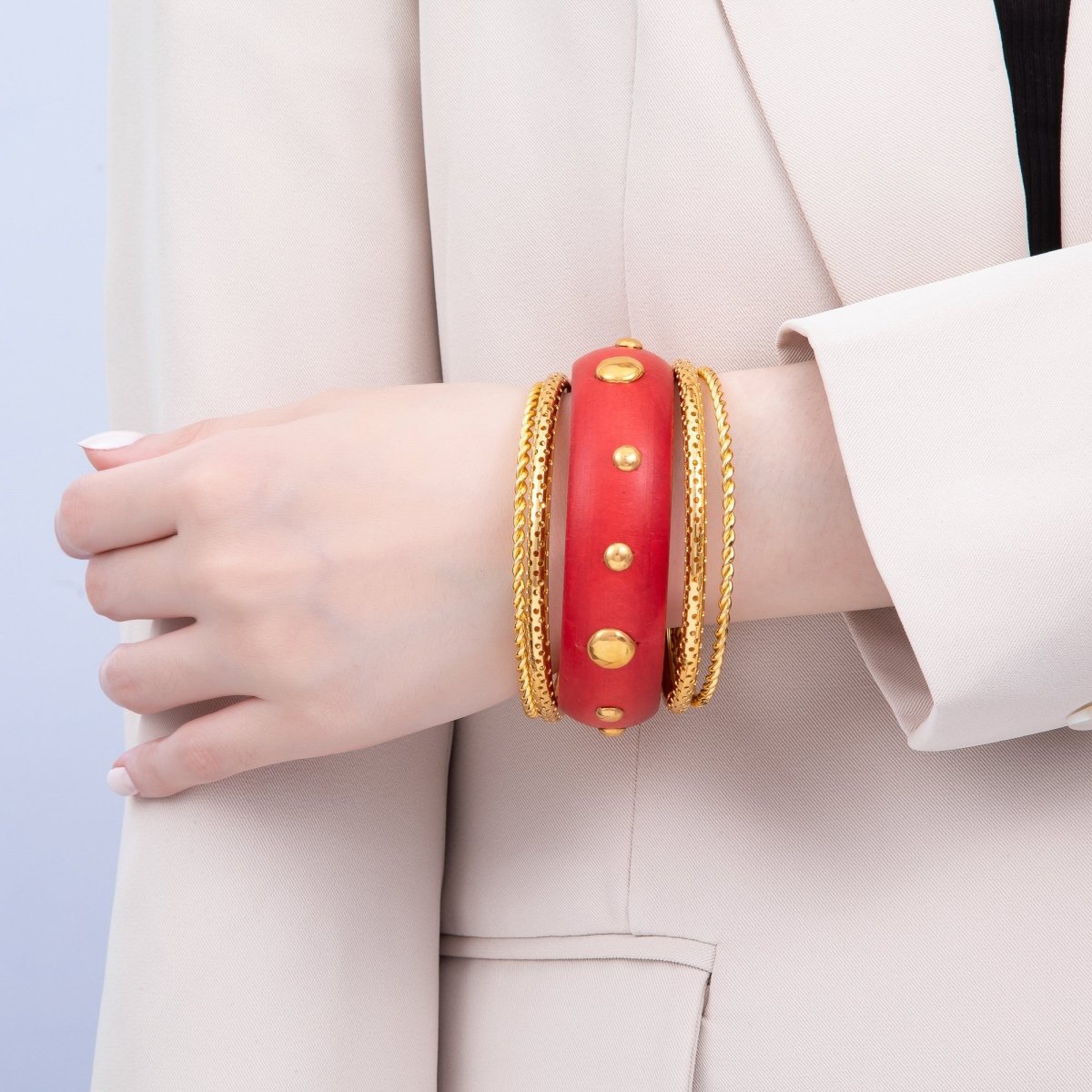 Studded Wood Bangle Statement Bracelet | WA - 04308 - DLUXCA