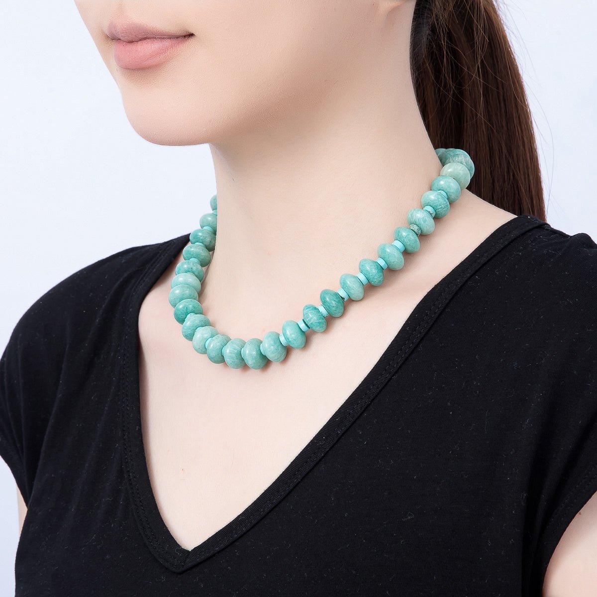 SUMMER 16K Gold Filled 14mm Blue Turquoise Amazonite Rondelle Gemstone 18 Inch Chain Necklace | WA-00247 - DLUXCA