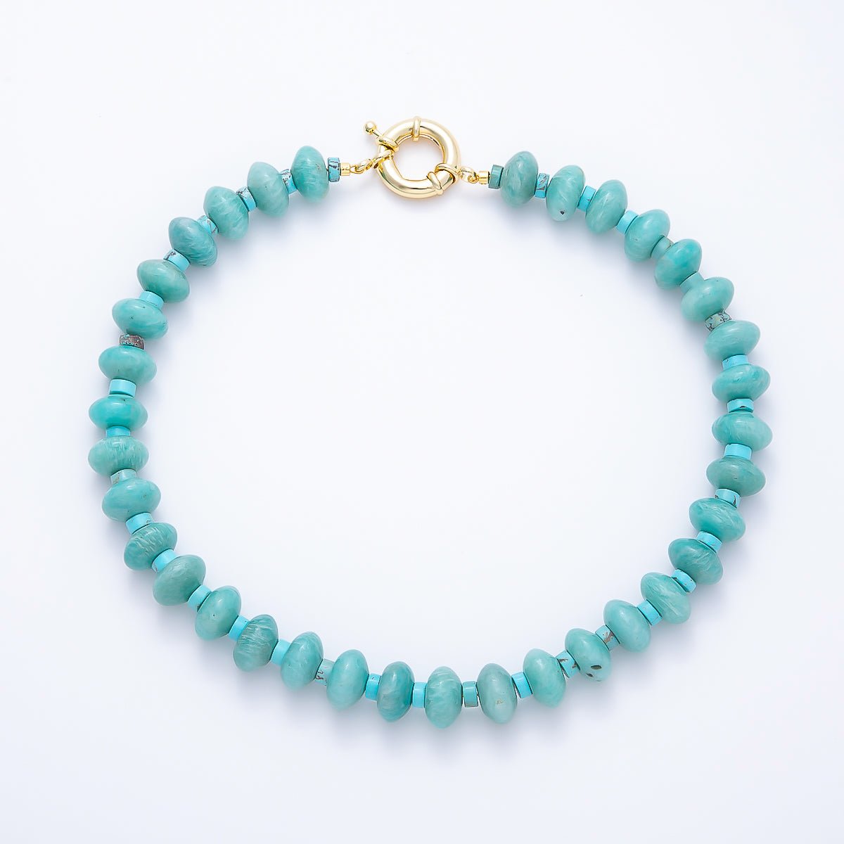 SUMMER 16K Gold Filled 14mm Blue Turquoise Amazonite Rondelle Gemstone 18 Inch Chain Necklace | WA-00247 - DLUXCA