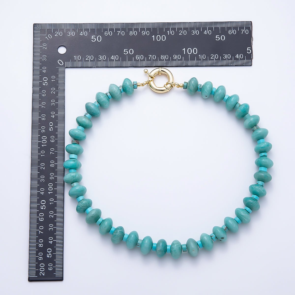 SUMMER 16K Gold Filled 14mm Blue Turquoise Amazonite Rondelle Gemstone 18 Inch Chain Necklace | WA-00247 - DLUXCA