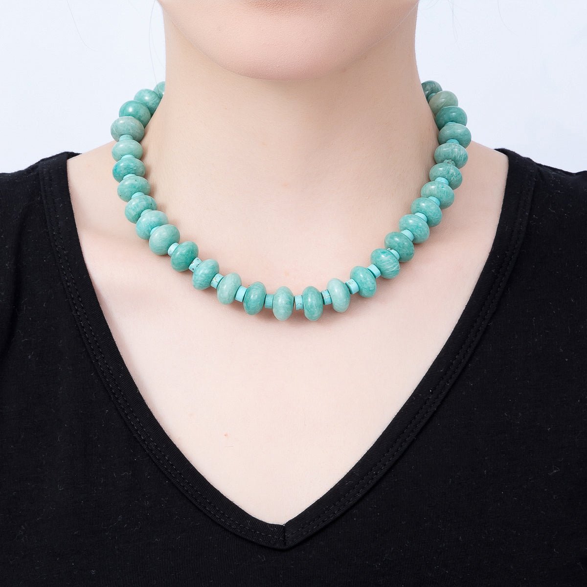 SUMMER 16K Gold Filled 14mm Blue Turquoise Amazonite Rondelle Gemstone 18 Inch Chain Necklace | WA-00247 - DLUXCA