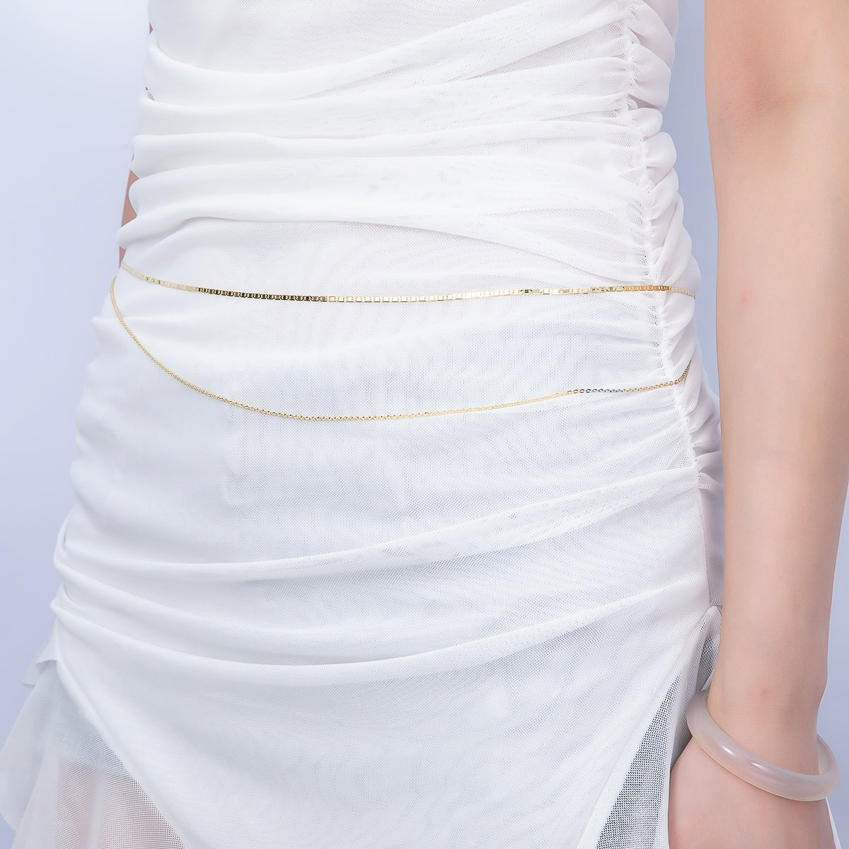 SUMMER 16K Gold Filled 2mm Dainty Double Mariner Cable Belly Waist Chain | WA-04754 - DLUXCA