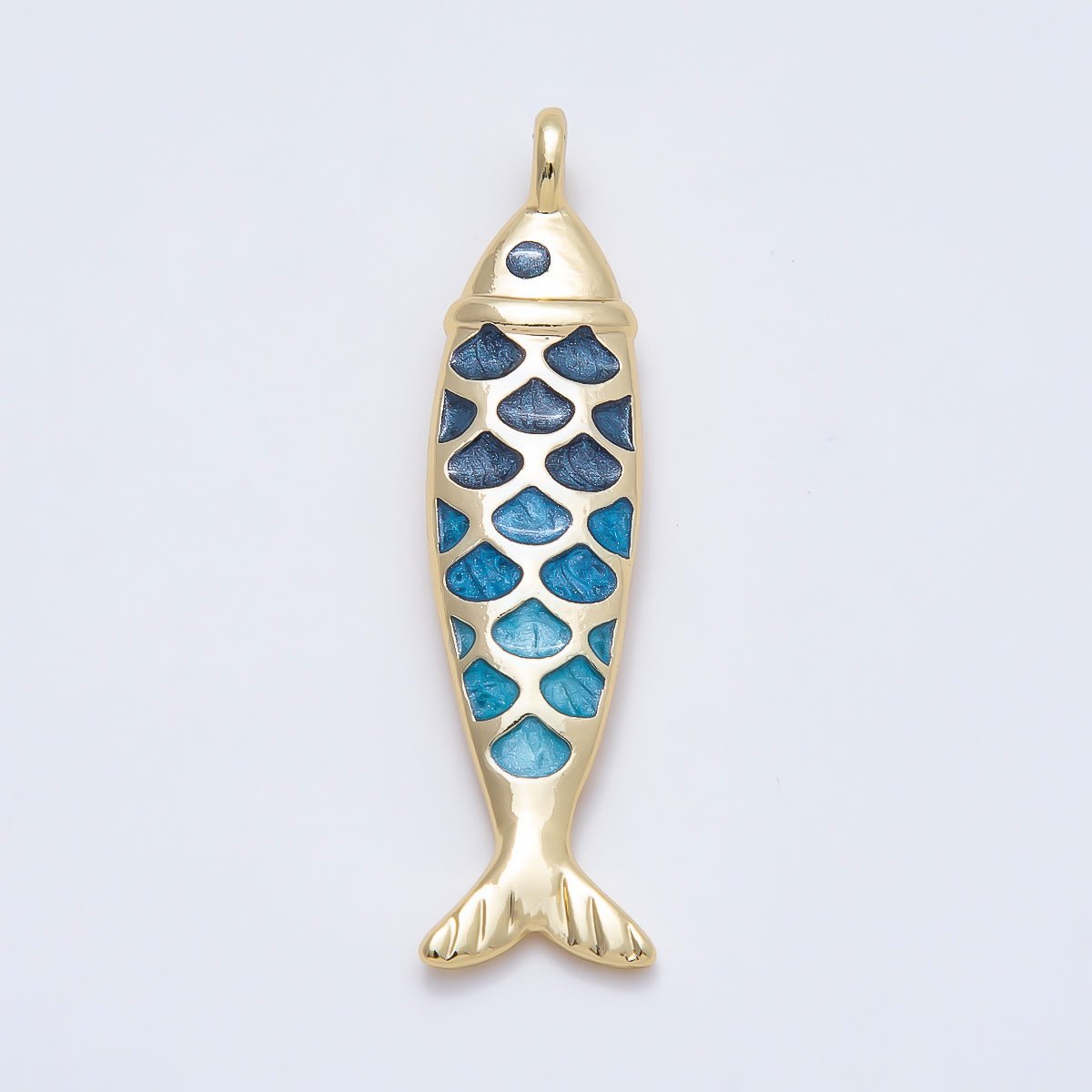 SUMMER 16K Gold Filled 48mm Blue Glitter Enamel Gradient Enamel Fish Pendant | Charms-01537 - DLUXCA