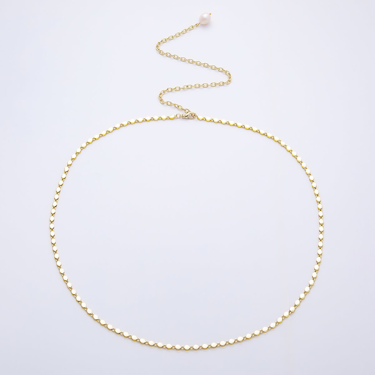 SUMMER 16K Gold Filled 4mm Flat Round Cable Chain w. Baroque Freshwater Pearl Drop Belly Waist Chain | WA-04715 - DLUXCA
