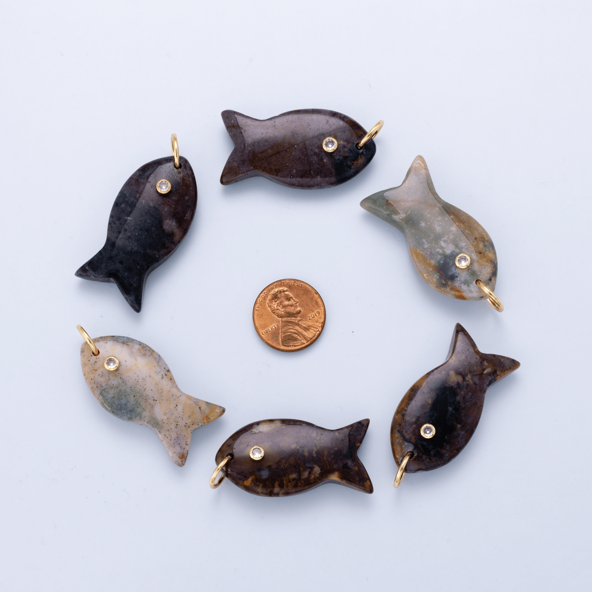 SUMMER 18K Gold Filled 44mm Clear CZ VARIOUS RANDOM One Of A Kind Moss Agate Gemstone Fish Charm | Charms-01611 - DLUXCA