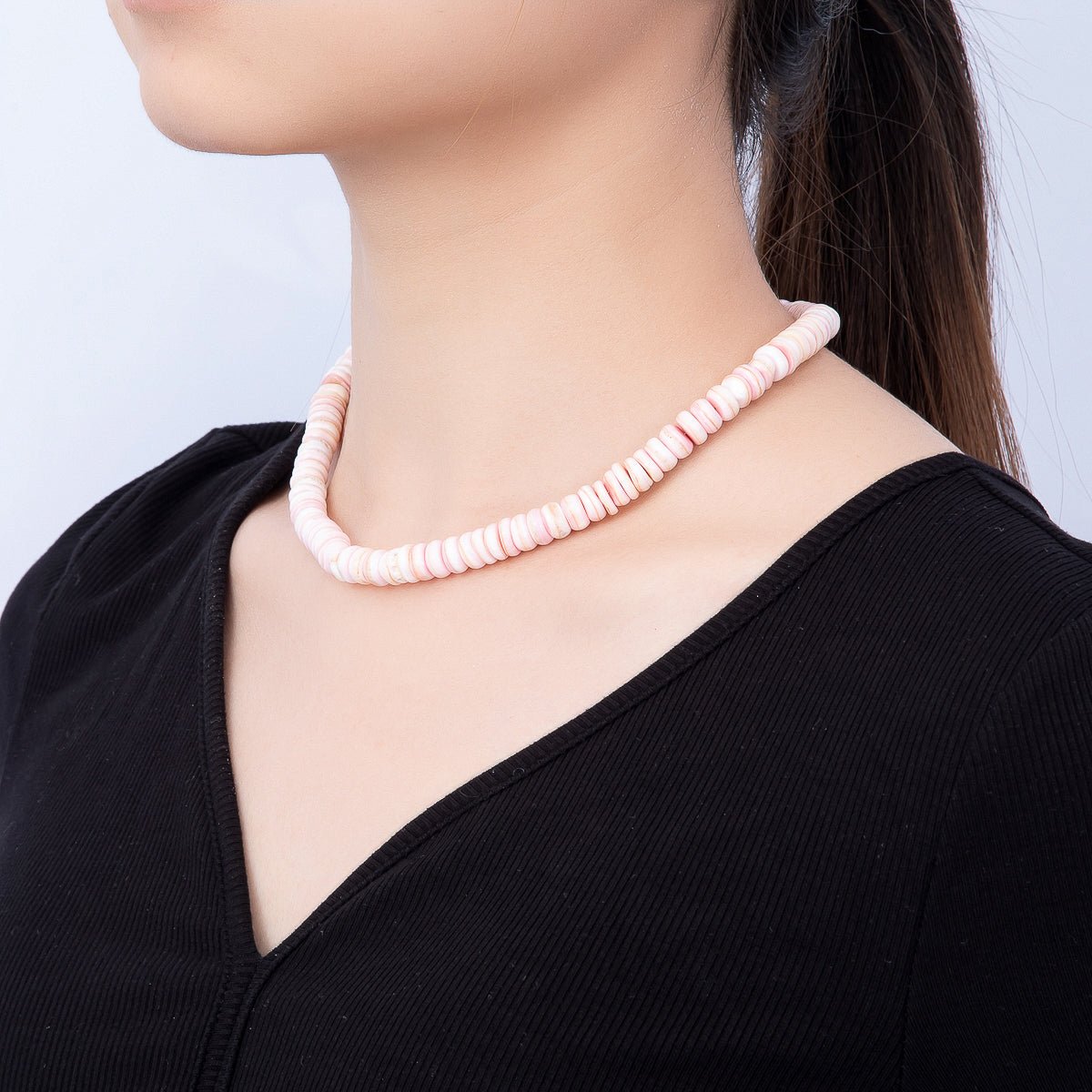 SUMMER 18K Gold Filled 9mm Pink Shell Heishi Rondelle Gemstone Chain 16 Inch Necklace w. Extender | WA-00398 - DLUXCA