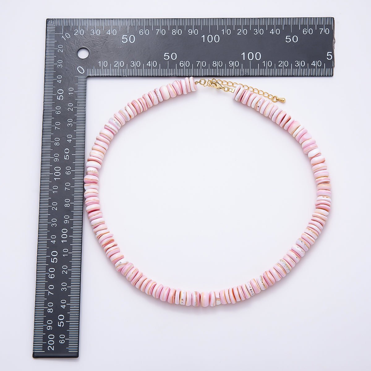 SUMMER 18K Gold Filled 9mm Pink Shell Heishi Rondelle Gemstone Chain 16 Inch Necklace w. Extender | WA-00398 - DLUXCA
