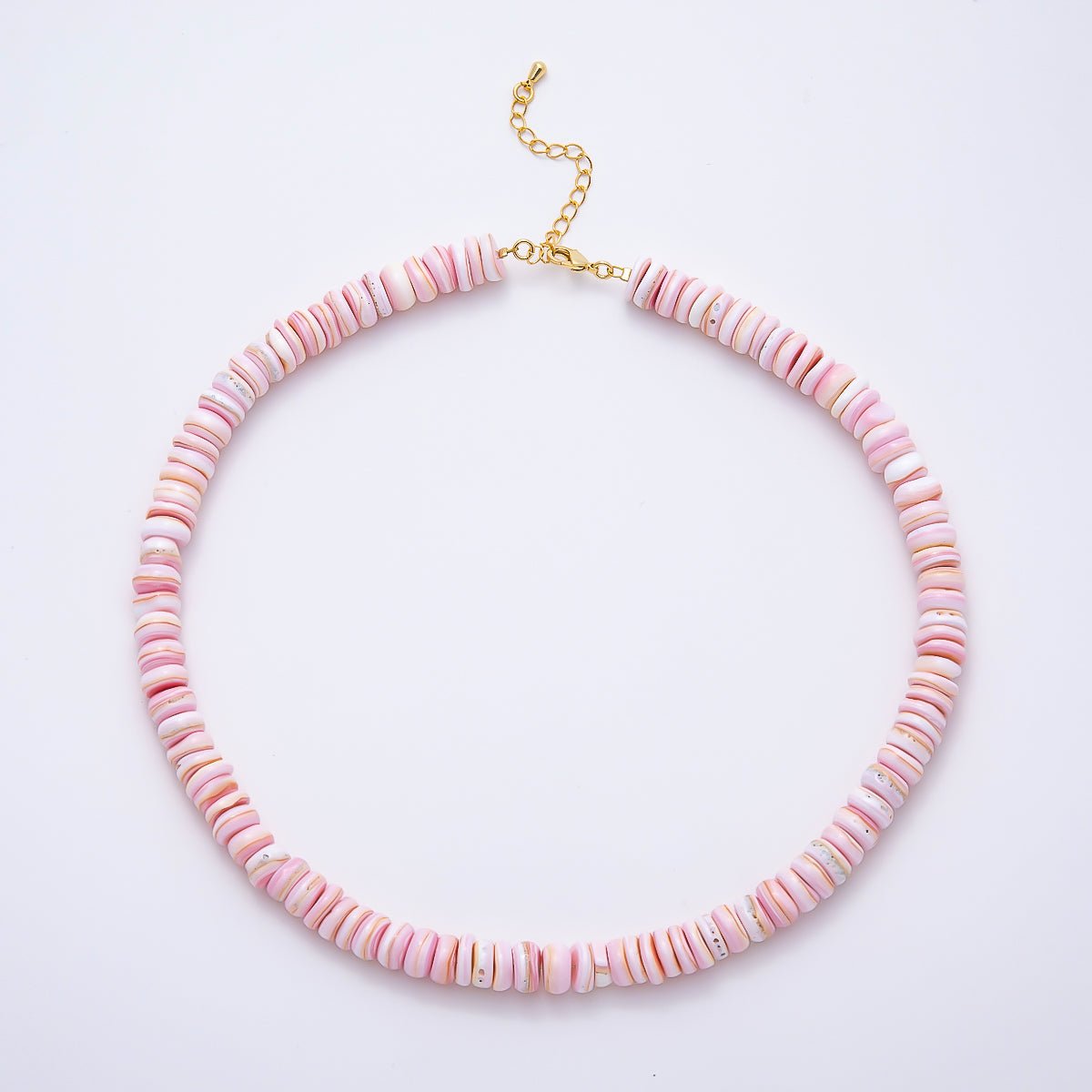 SUMMER 18K Gold Filled 9mm Pink Shell Heishi Rondelle Gemstone Chain 16 Inch Necklace w. Extender | WA-00398 - DLUXCA