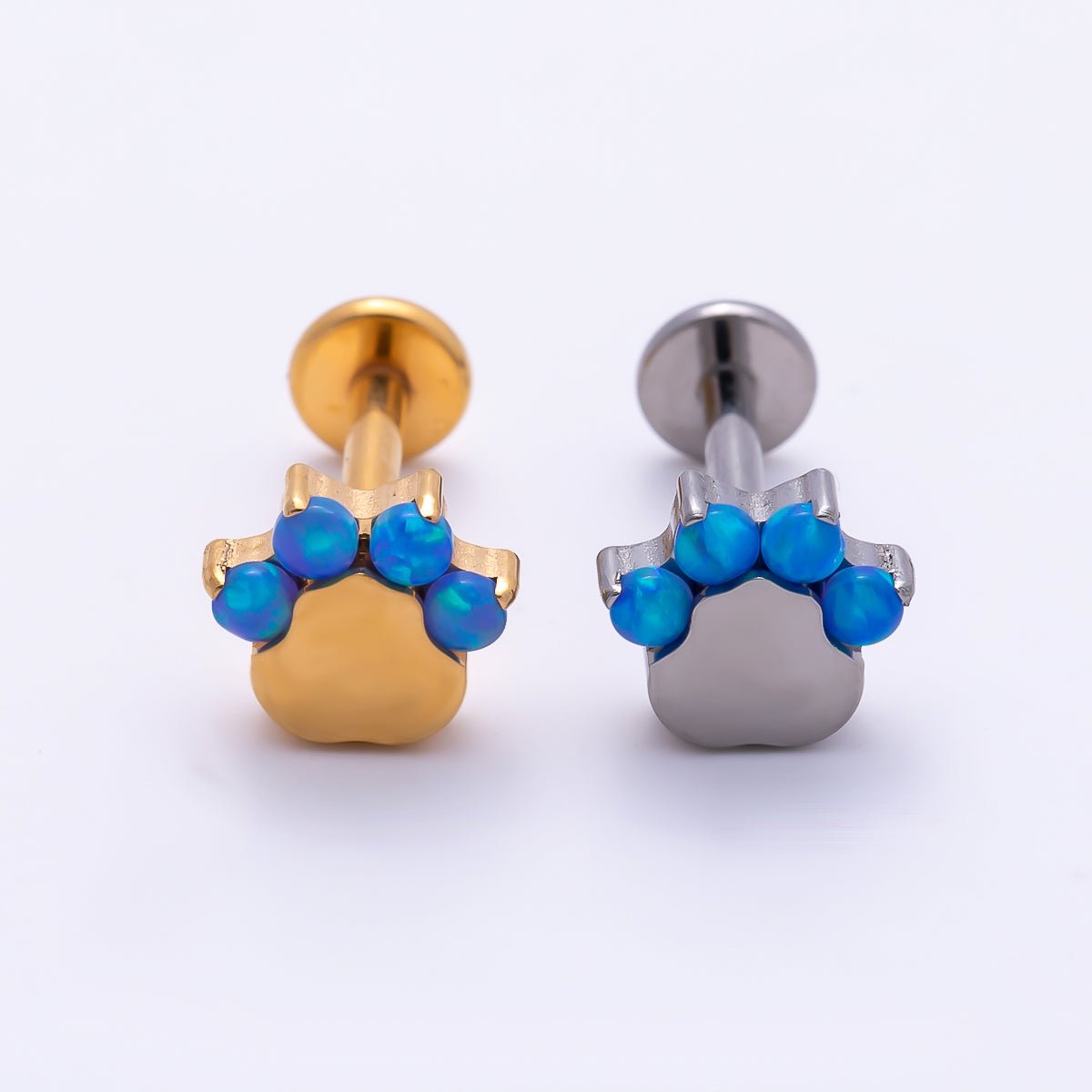 Titanium 11mm Blue Opal Paw Print Cartilage Piercing Flat Back Stud in Gold & Silver | Findings-00435 Findings-00436 - DLUXCA