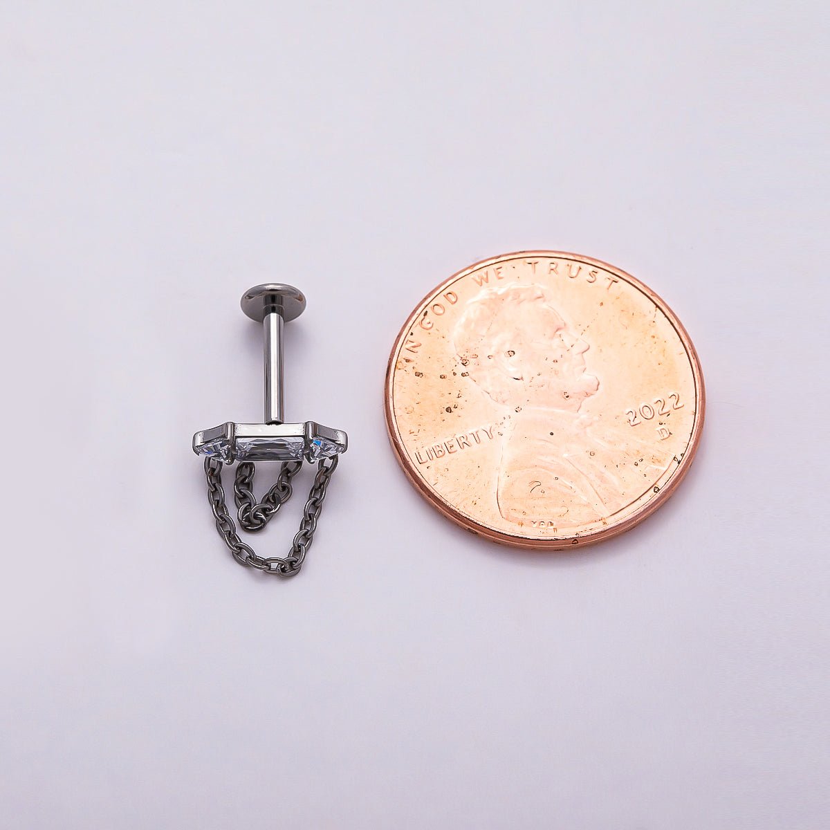 Titanium 11mm Clear CZ Baguette Chain Drop Cartilage Piercing Flat Back Stud in Gold & Silver | Findings-00367 Findings-00368 - DLUXCA