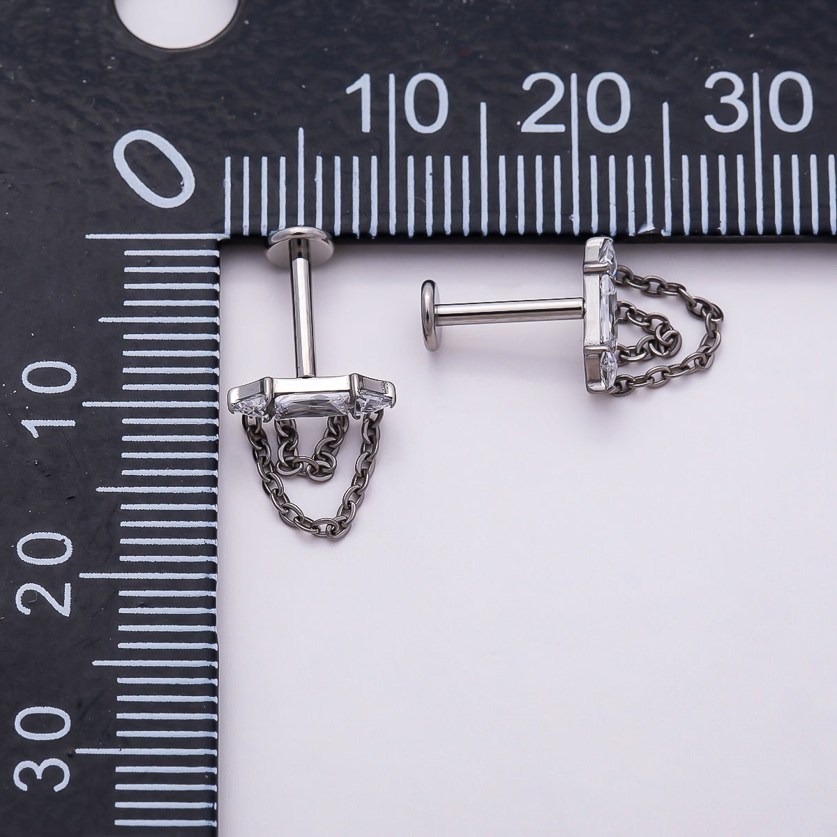 Titanium 11mm Clear CZ Baguette Chain Drop Cartilage Piercing Flat Back Stud in Gold & Silver | Findings-00367 Findings-00368 - DLUXCA