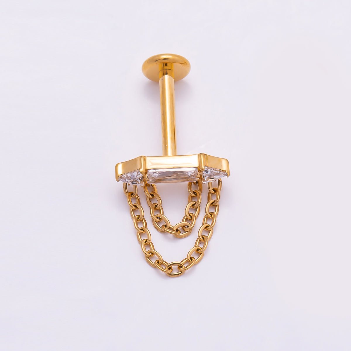 Titanium 11mm Clear CZ Baguette Chain Drop Cartilage Piercing Flat Back Stud in Gold & Silver | Findings-00367 Findings-00368 - DLUXCA