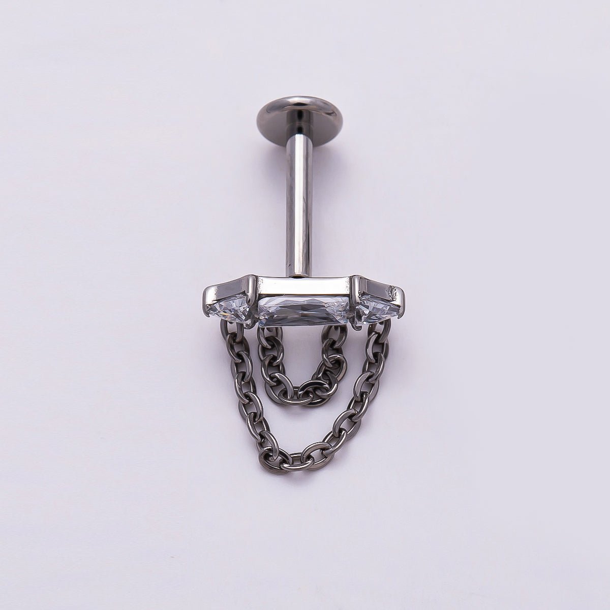 Titanium 11mm Clear CZ Baguette Chain Drop Cartilage Piercing Flat Back Stud in Gold & Silver | Findings-00367 Findings-00368 - DLUXCA