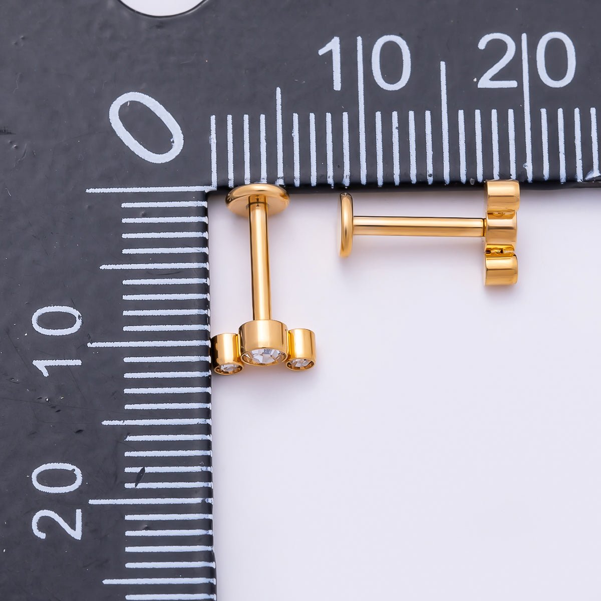 Titanium 11mm Triple Round CZ Bezel Cartilage Piercing Flat Back Stud in Gold & Silver | Findings-00433 Findings-00434 - DLUXCA