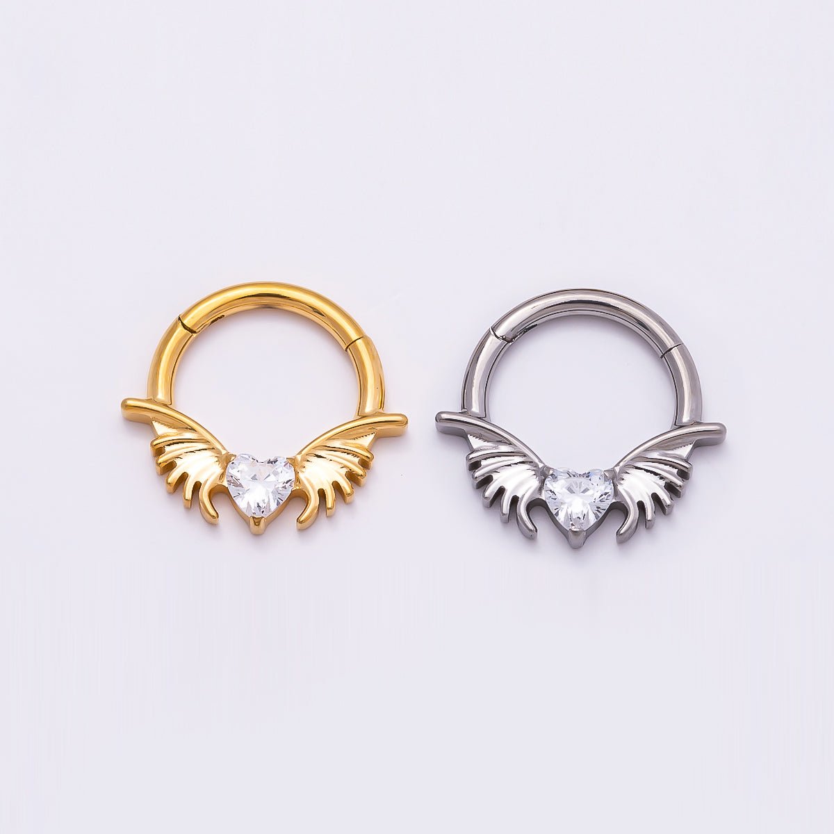Titanium 12.5mm Clear CZ Heart Wings Single Septum Cartilage Piercing Clicker in Gold & Silver | Findings-00311 Findings-00312 - DLUXCA