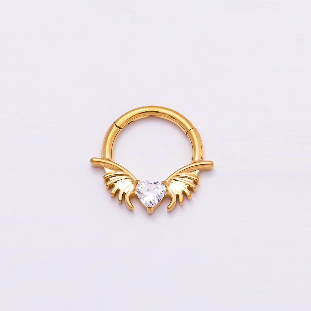 Titanium 12.5mm Clear CZ Heart Wings Single Septum Cartilage Piercing Clicker in Gold & Silver | Findings-00311 Findings-00312 - DLUXCA