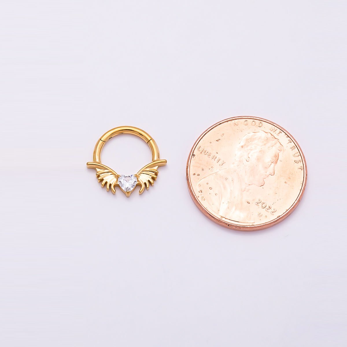 Titanium 12.5mm Clear CZ Heart Wings Single Septum Cartilage Piercing Clicker in Gold & Silver | Findings-00311 Findings-00312 - DLUXCA