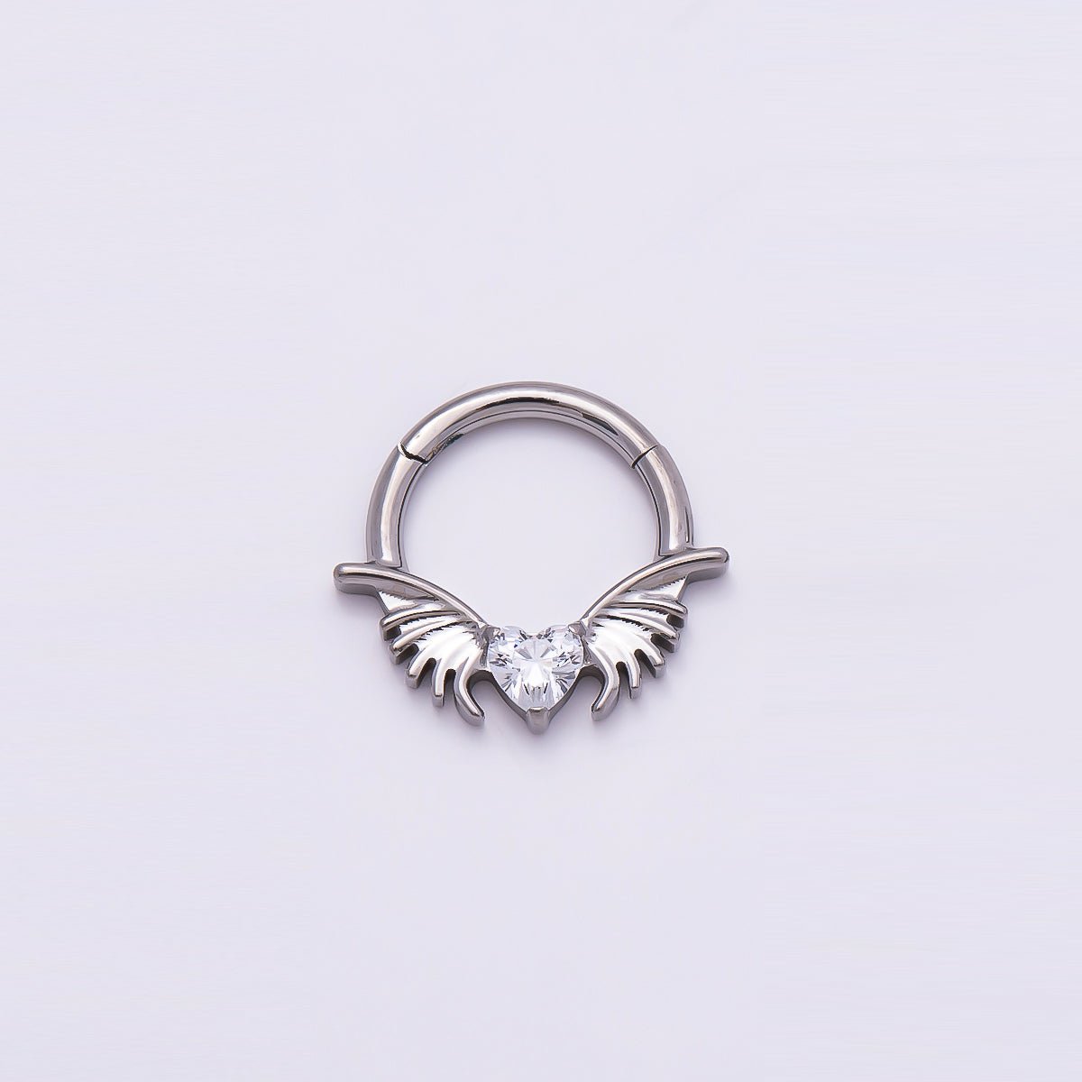 Titanium 12.5mm Clear CZ Heart Wings Single Septum Cartilage Piercing Clicker in Gold & Silver | Findings-00311 Findings-00312 - DLUXCA