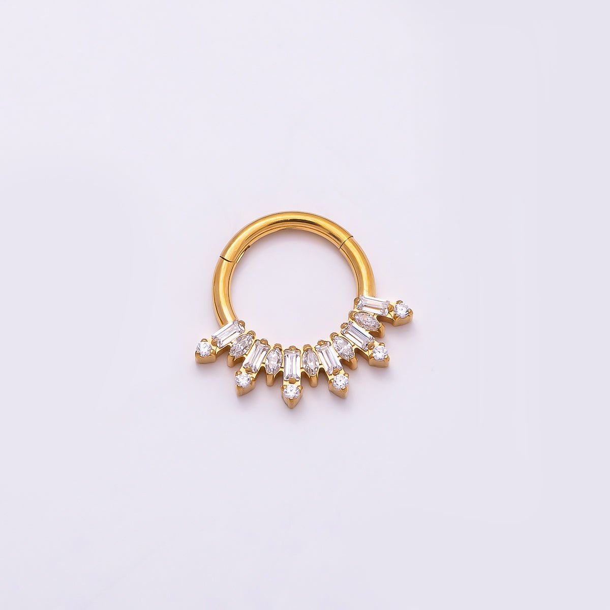 Titanium 13mm Clear CZ Baguette Single Septum Cartilage Piercing Clicker in Gold & Silver | Findings-00323 Findings-00324 - DLUXCA