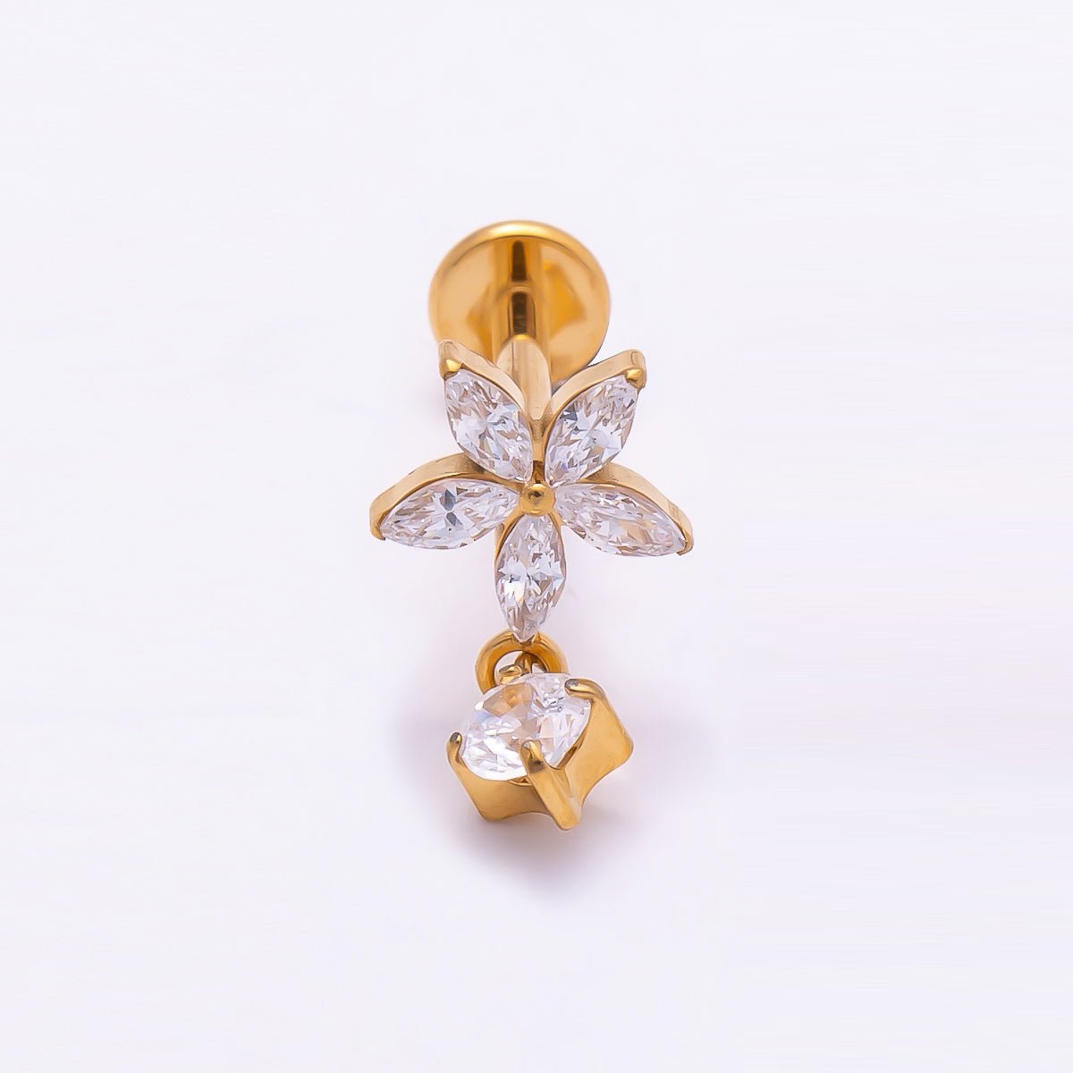 Titanium 13mm Clear CZ Flower Drop Cartilage Piercing Flat Back Stud in Gold & Silver | Findings-00369 Findings-00370 - DLUXCA