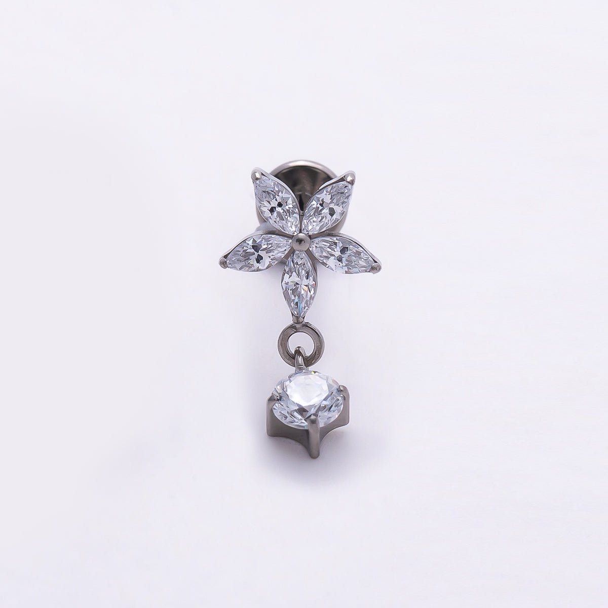 Titanium 13mm Clear CZ Flower Drop Cartilage Piercing Flat Back Stud in Gold & Silver | Findings-00369 Findings-00370 - DLUXCA
