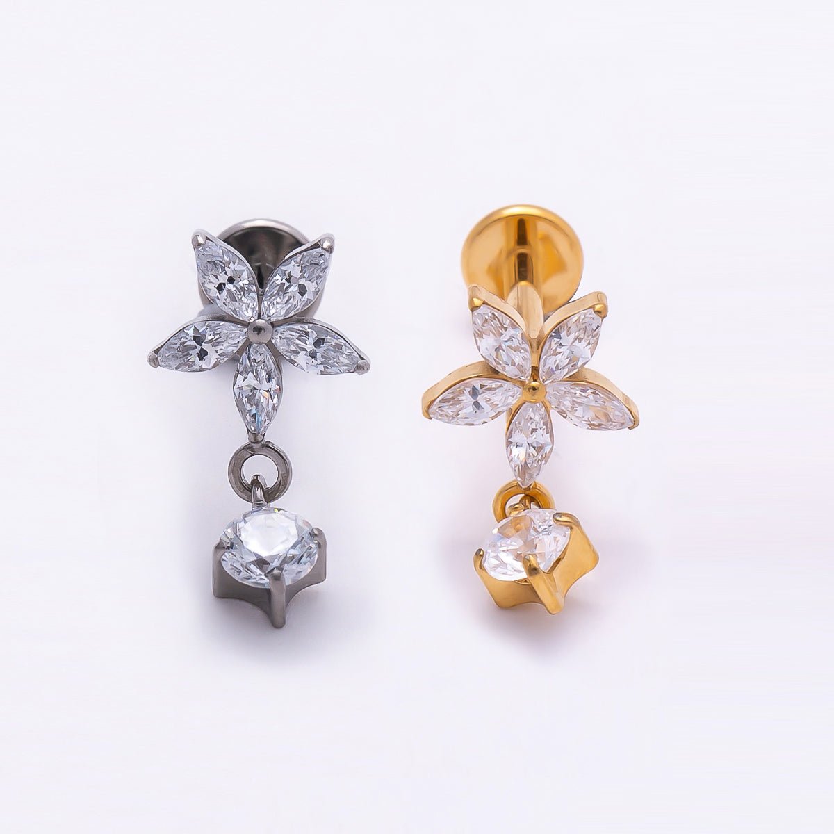 Titanium 13mm Clear CZ Flower Drop Cartilage Piercing Flat Back Stud in Gold & Silver | Findings-00369 Findings-00370 - DLUXCA