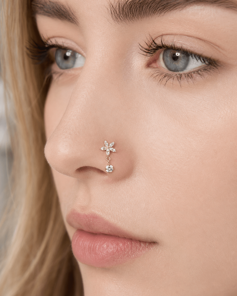 Titanium 13mm Clear CZ Flower Drop Cartilage Piercing Flat Back Stud in Gold & Silver | Findings-00369 Findings-00370 - DLUXCA