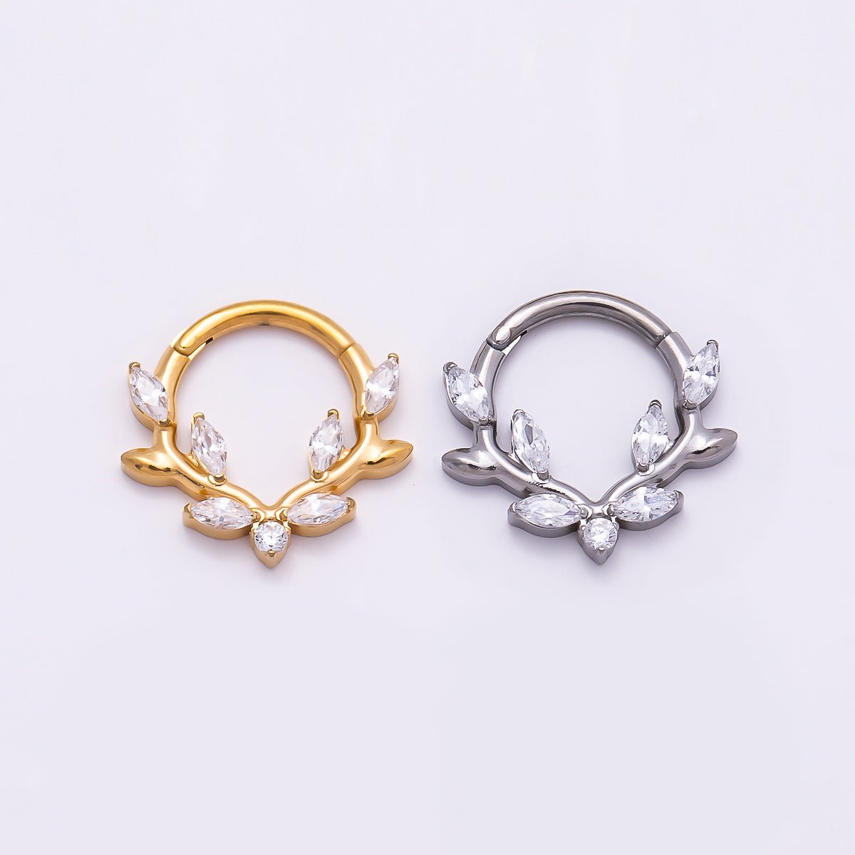 Titanium 13mm Clear CZ Marquise Leaf Single Septum Cartilage Piercing Clicker in Gold & Silver | Findings-00319 Findings-00320 - DLUXCA